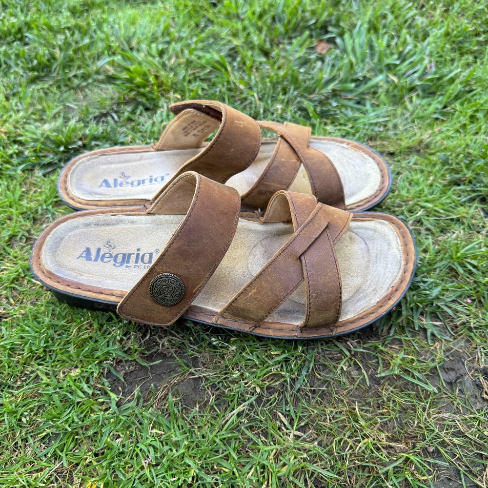 Alegria Victoriah Sandals Womens US 8-8.5 Brown Leather Slip On Strappy Slides